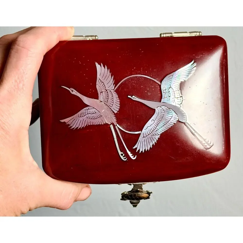 Vintage Lacquer Jewelry Box: Cranes, Turtle Clasp, Red Velvet Lined Asian Decor